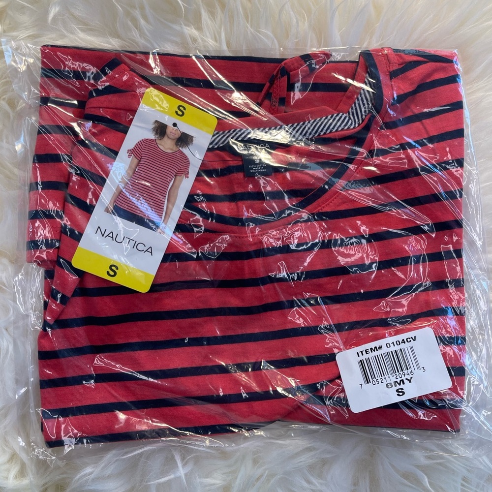 Nautica Tie Sleeve Top Striped Shirt, Red Black - Picture 4 of 7